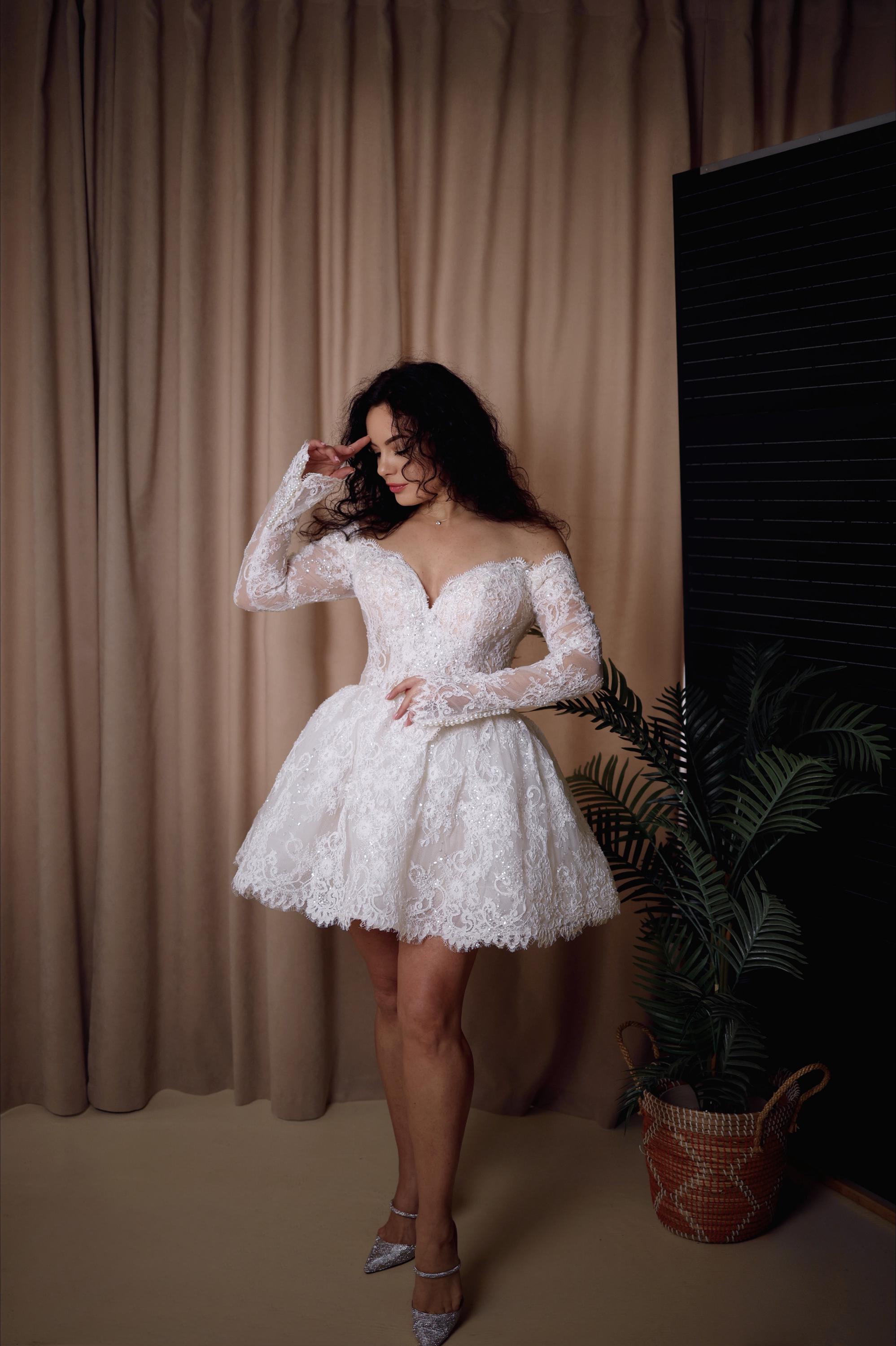 Lace Mini Wedding Dress: Short Elopement Bridal Gown, Handmade Bubble Skirt, Long Sleeves