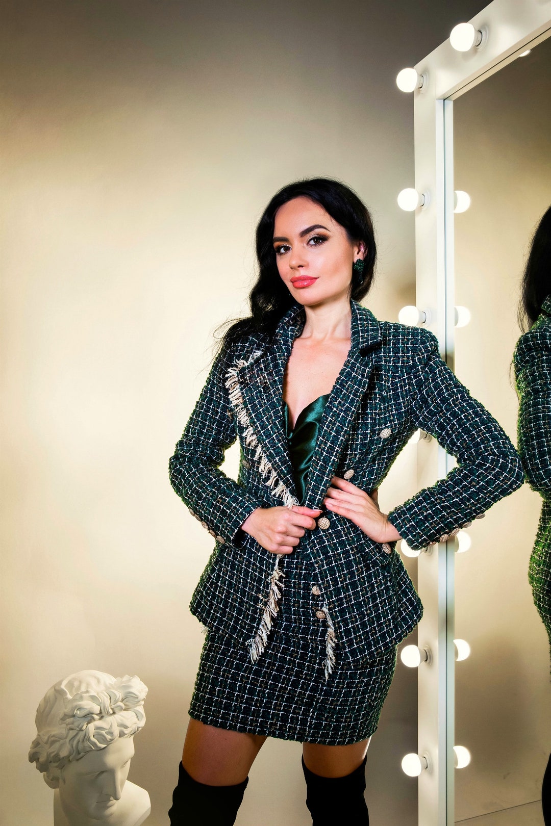 Tweed Blazer E Gonna Abbinati Gonna Viola Corta Frolada Blazer Da