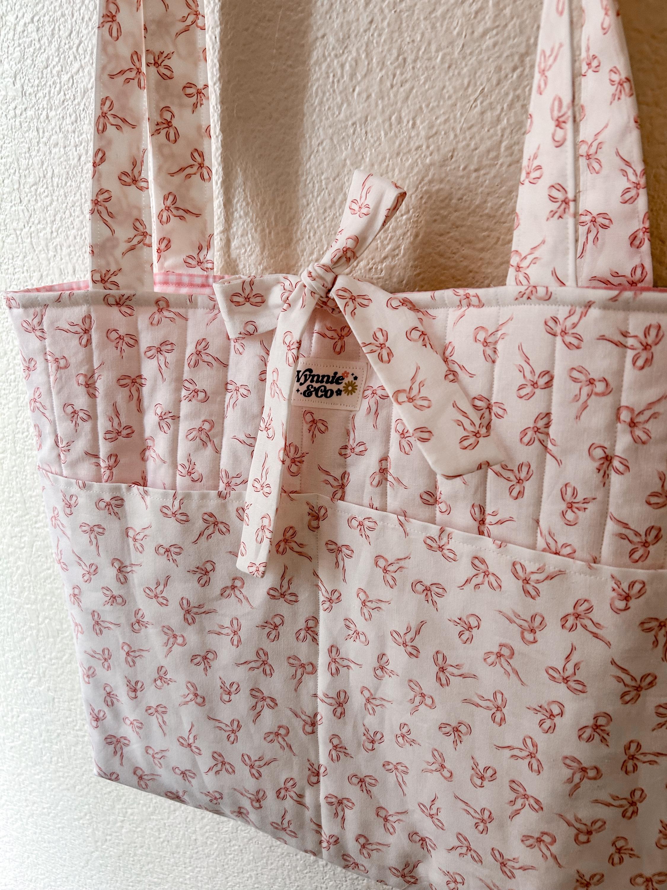 Coquette bows - bucket tote, bow bag, crossbody bag, quilted makeup bag, zip pouch, book sleeve