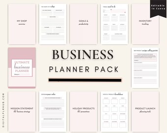 May include: A pink and white printable business planner pack with the text "Ultimate Business Planner" and "Business Planner Pack". The pack includes pages for setting goals, tracking inventory, planning product launches, and more.