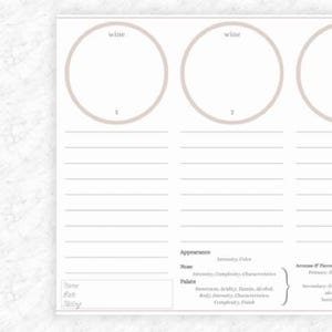May include: A beige wine tasting chart with four circles labeled "wine" at the top. Below the circles are lined spaces for notes. The chart includes sections for appearance, aroma, palate, and Amazon IF flavors.