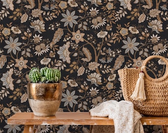 Botanical Wallpaper with Intricate Folk Florals in Charcoal, Beige, and Blue - E763