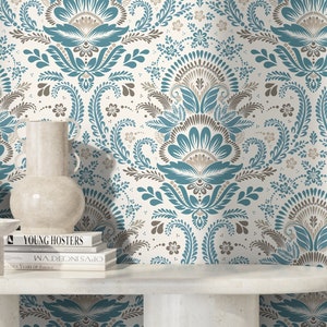 Blue and Beige Damask Wallpaper / Peel and Stick Wallpaper Removable Wallpaper Home Decor Wall Art Wall Decor Room Decor - D186