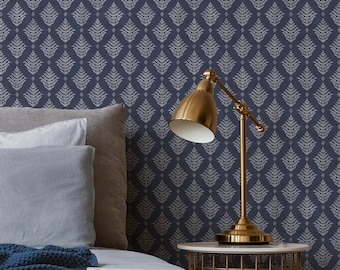 Damask Wallpaper Featuring Diamond Ferns in Navy and Silver Gray - E782