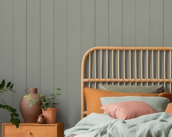 Wood Panel Wallpaper Featuring a Minimalist Shiplap Look in Sage Green - E562