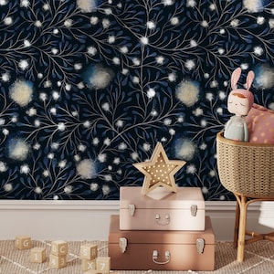 Removable Wallpaper Peel and Stick Wallpaper Wall Paper Wall Mural / Floral Navy Wallpaper - X121