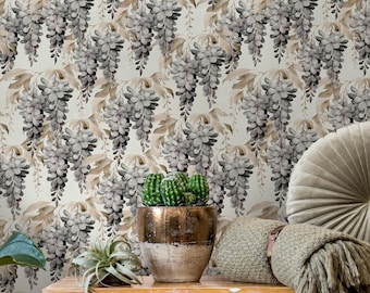 Floral Wallpaper Featuring Watercolor Wisteria in Gray and Beige - E548