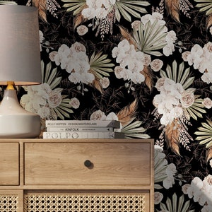 Black Boho Floral Wallpaper / Peel and Stick Wallpaper Removable Wallpaper Home Decor Wall Art Wall Decor Room Decor - C787