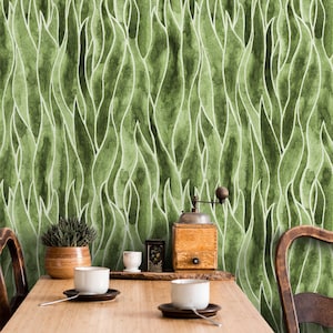 Green Abstract Leaf Wallpaper / Peel and Stick Wallpaper Removable Wallpaper Home Decor Wall Art Wall Decor Room Decor - C938