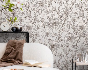 Papel pintado floral con dibujo lineal de flores silvestres en marrón oscuro y blanco roto - D378