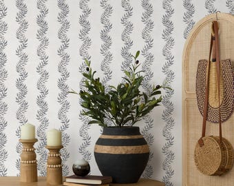 Botanical Wallpaper with Wavy Watercolor Vines in Grey and Taupe - E715