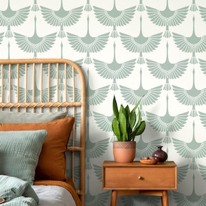Sage Crane Art Deco Wallpaper - D259