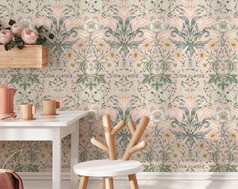Botanical Wallpaper Featuring Pomegranates and Tulips in Pink, Green, and Cream - E813