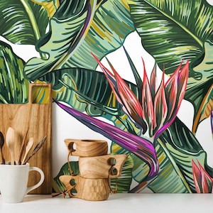 Removable Wallpaper Peel and Stick Wallpaper Wall Paper Wall Mural - Banana Leaf Wallpaper Tropical Wallpaper - A433