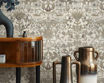 Damask Wallpaper with a Bird and Vine Motif in Beige, Taupe, and Gold - E693