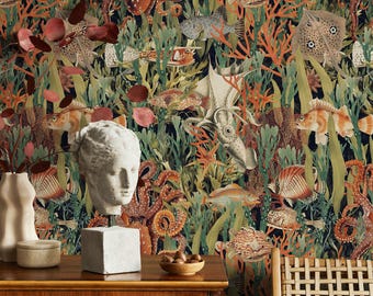 Coastal Wallpaper with a Vintage Underwater Scene in Orange, Green, and Black - E682
