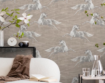 Equestrian Wallpaper Featuring Sketched Galloping Horses in Grey and Beige - E537