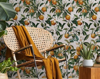Botanical Wallpaper Featuring Blossoming Orange Branches in Off-White and Green - E106 C