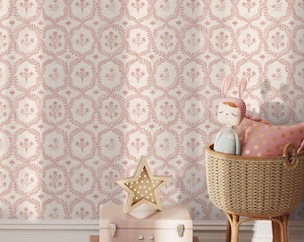 Botanical Wallpaper Featuring Leaf Wreaths and Blooms in Pink - E859