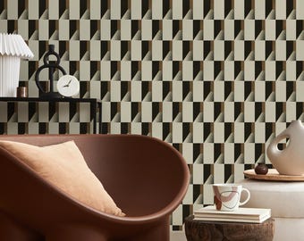 Geometric Wallpaper with Architectural Columns in Black, Brown, and Beige - E796