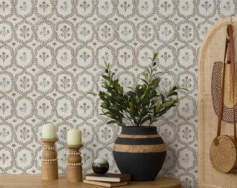 Botanical Wallpaper with Leaf Trellis and Floral Sprigs in Taupe and Off-White - E853