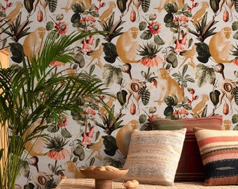 Vintage Botanical Wallpaper with Monkeys and Parrots in Ochre, Green, and Red - E688