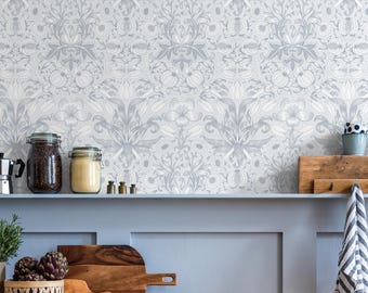 Botanical Wallpaper with Pomegranates and Tulips in Light Blue - E815
