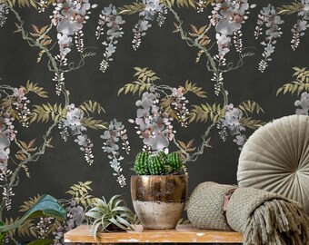Floral Wallpaper with Watercolor Wisteria in Blue, Green, and Black - E555