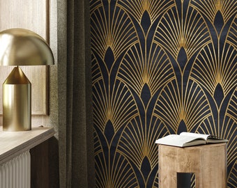 Removable Wallpaper Peel and Stick Wallpaper Wall Paper Wall Mural - Art Deco Black and Non-Metalic Yellow Gold Color - A537