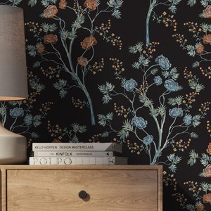 Dark Floral Garden Wallpaper / Peel and Stick Wallpaper Removable Wallpaper Home Decor Wall Art Wall Decor Room Decor - D122