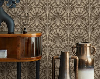 Art Deco Wallpaper with Botanical Fans in Brown and Beige - E751