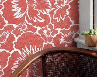 Coral Bold Floral Wallpaper / Peel and Stick Wallpaper Removable Wallpaper Home Decor Wall Art Wall Decor Room Decor - C678