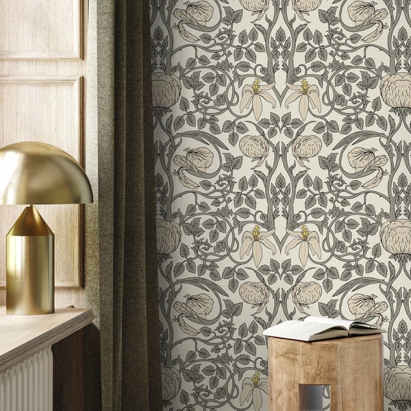 Gray Art Nouveau Wallpaper / Peel and Stick Wallpaper Removable Wallpaper Home Decor Wall Art Wall Decor Room Decor - D478