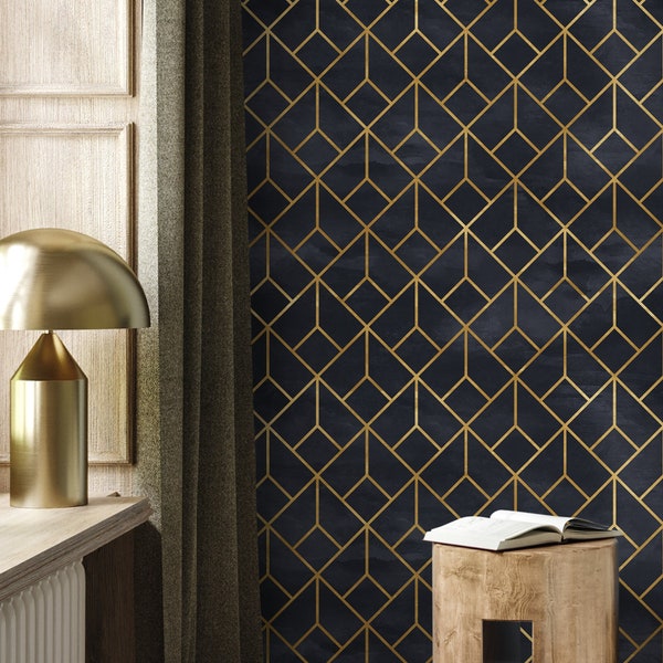 Removable Wallpaper Peel and Stick Wallpaper Wall Paper Wall Mural - Black and Non-Metalic Yellow Gold Color - A392
