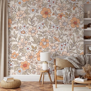 Annete Vintage Meadow Flowers Mural - Large Scale Wallpaper Floral Peel and Stick Removable Repositionable or Traditional Pre-pasted  - ZACV