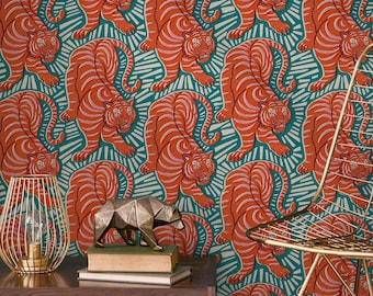 Tiger Wallpaper Featuring Prowling Tigers in Orange, Teal, and Pink - E788