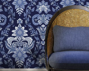 Damask Wallpaper in Navy Blue, Blue, and White on White - Peel and Stick - D223