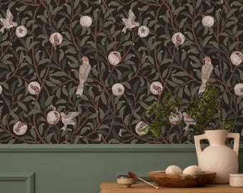 Botanical Wallpaper with Birds and Pomegranates in Green, Brown, and Beige - E794