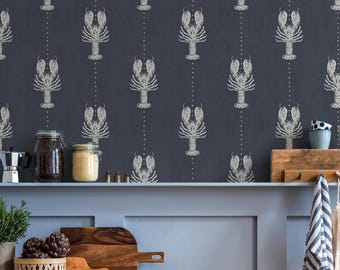Coastal Wallpaper Featuring Lobsters in Grey and Slate Blue - E768