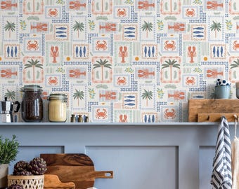Coastal Wallpaper with a Mediterranean Tile Motif in Orange, Blue, and Green - E703