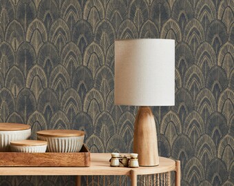 Art Deco Wallpaper Featuring Scalloped Feather Arches in Navy Blue and Beige - E845