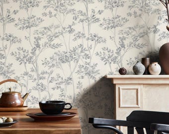 Botanical Wallpaper Featuring Sketched Trees in Grey - E838