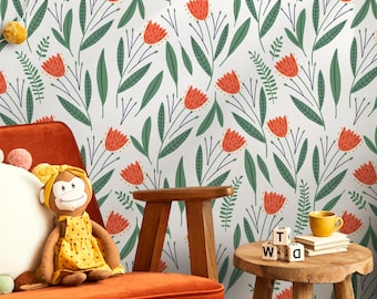 Floral Wallpaper with a Scandinavian Motif in Orange-Red and Green - D387