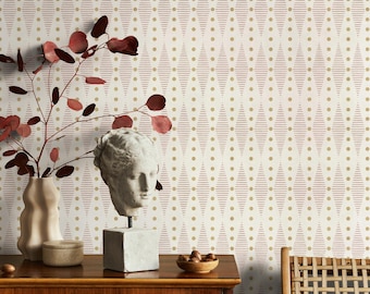 Geometric Wallpaper with Striped Diamonds and Dots in Gold and Brown - E778