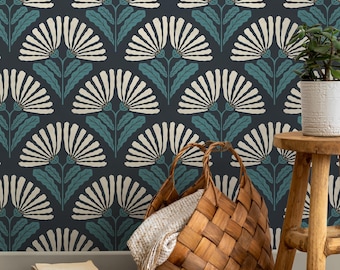 Art Nouveau Wallpaper with Stylized Fan Flowers in Dark Blue, Cream, and Teal - E473