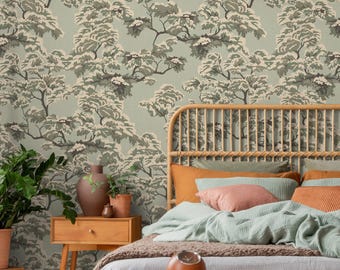 Botanical Wallpaper Featuring Canopy Trees in Green and Cream - E810