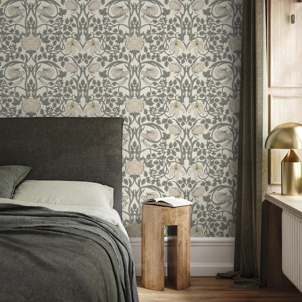 Gray Art Nouveau Wallpaper / Peel and Stick Wallpaper Removable Wallpaper Home Decor Wall Art Wall Decor Room Decor - D478