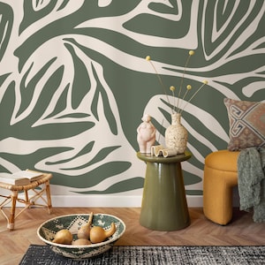 Olive Green Abstract Wallpaper Contemporary Mural Peel and Stick and Traditional Wallpaper - D691