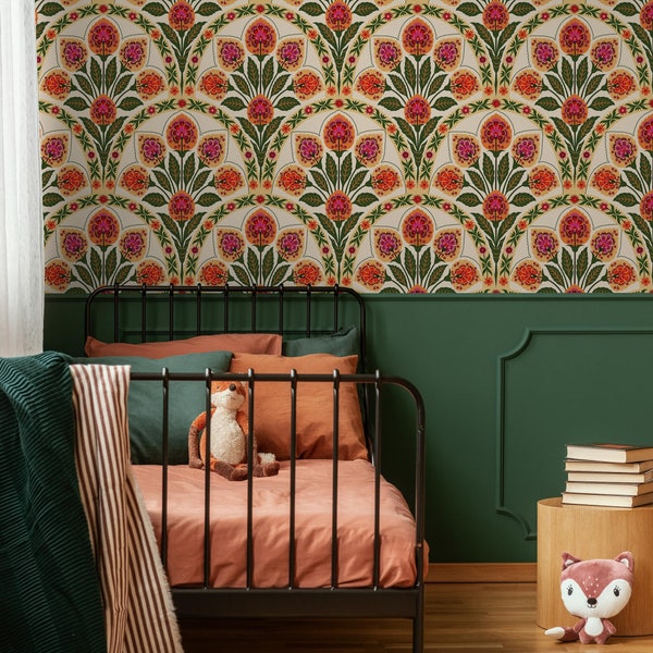 Art Nouveau Folk Botanical Wallpaper in Orange and Green on Cream - Peel and Stick - C452