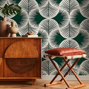Green Modern Palms Wallpaper / Peel and Stick Wallpaper Removable Wallpaper Home Decor Wall Art Wall Decor Room Decor - C688